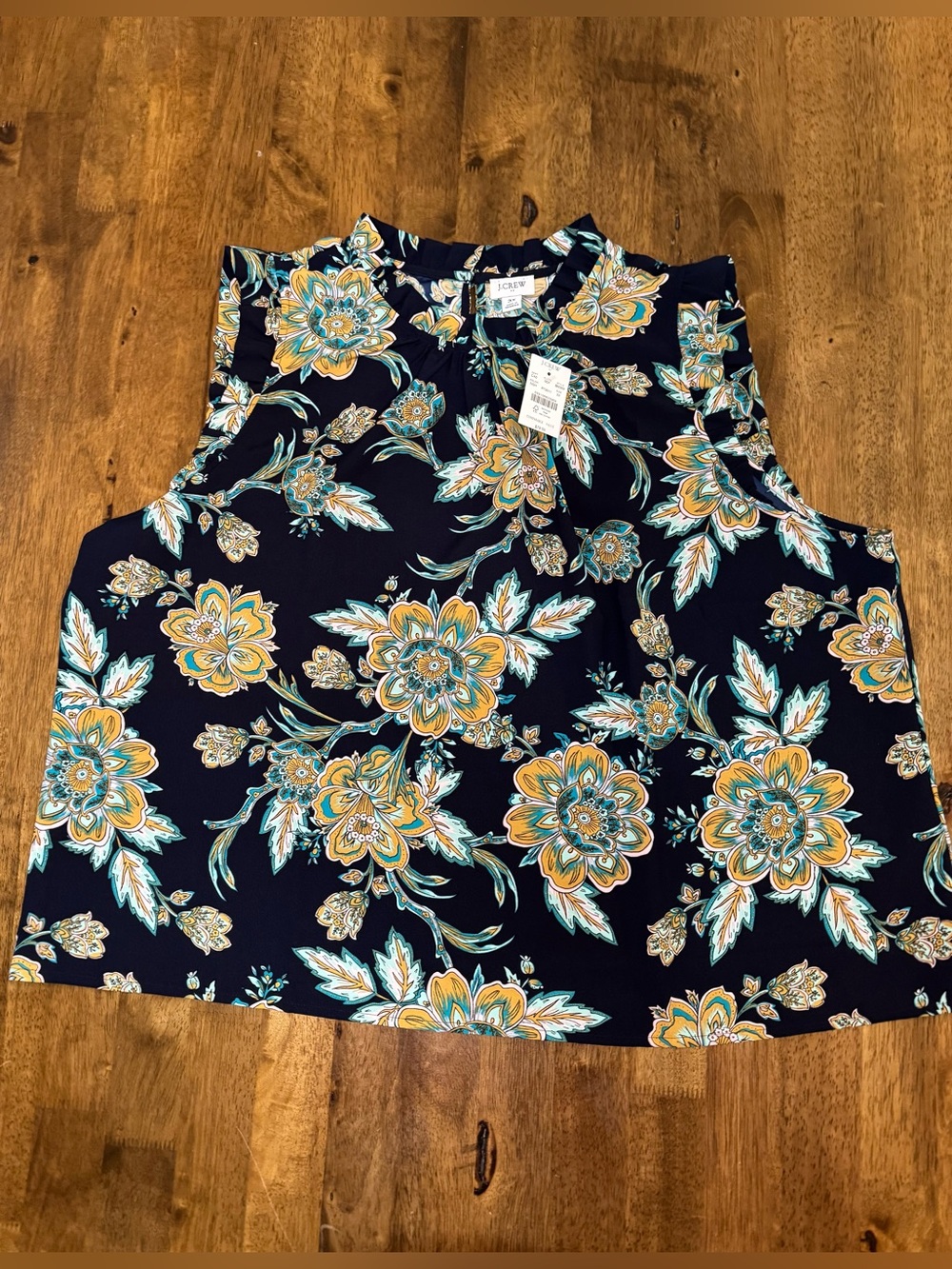 J. Crew Navy Floral Ruffle-Neck Tank